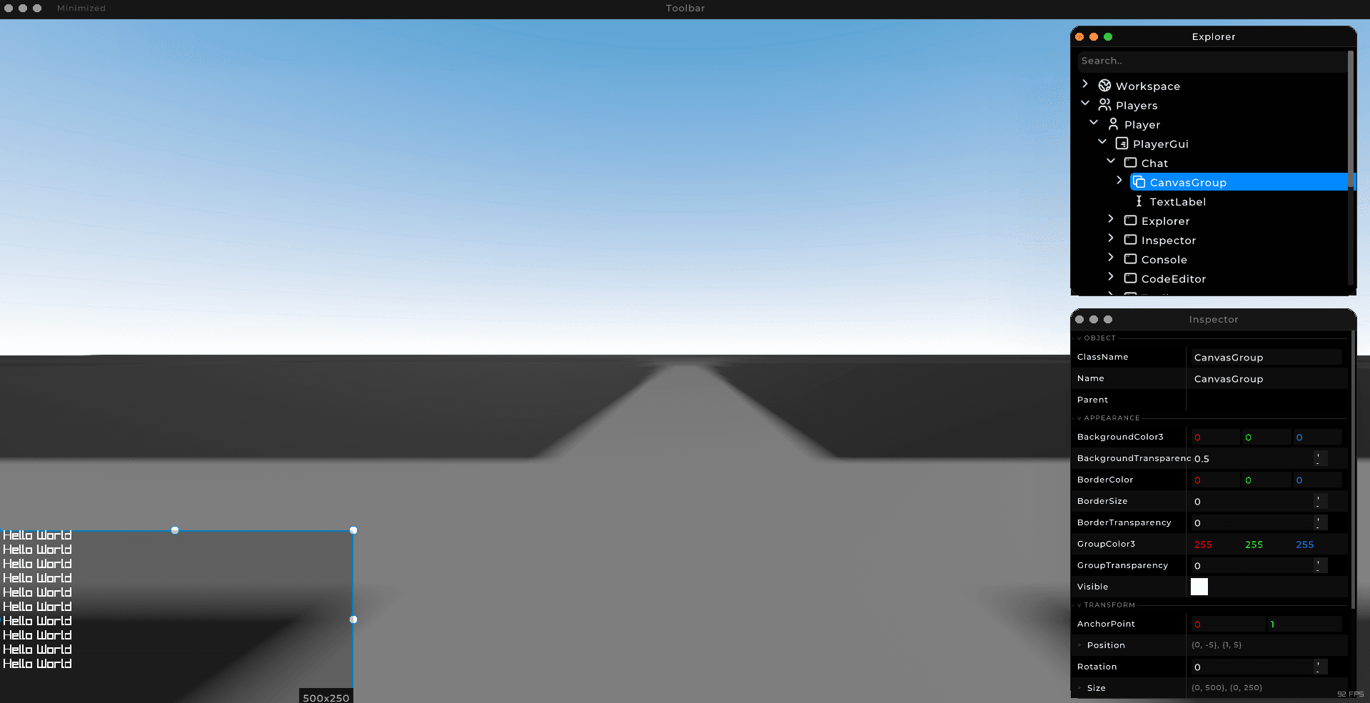 Kinemium GUI rendered from Luau